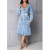imagechouyatou Womens Vintage Washed Button Up Denim Trench Coat Single Breasted Midi Long Jean JacketLight Blue