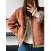 imagechouyatou Womens Winter Collarless Button Down Sherpa Fleece Lined Faux Suede Outerwear Jacket CoatBrown