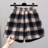 imagechouyatou Womens Winter Cute Elastic High Waisted Button Front Plaid Print Pleated Wool Wide Leg ShortsBlack