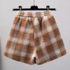 imagechouyatou Womens Winter Cute Elastic High Waisted Button Front Plaid Print Pleated Wool Wide Leg ShortsBrown