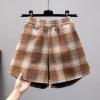 imagechouyatou Womens Winter Cute Elastic High Waisted Button Front Plaid Print Pleated Wool Wide Leg ShortsBrown
