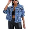imagechoutyatou Womens Cute Big Lapel Collar Trendy Pearl Studded Short Denim JacketDark Blue