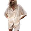 imagechouyatou Womens 2 Piece Lounge Sets Eyelet Knitted Outfits Button Down Shirt Shorts Pajama SetsBeige