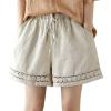 imagechouyatou Womens Casual Elastic Waist Wide Leg Shorts Hollow Out Eyelet Loose Comfy Cotton Linen Beach ShortsApricot