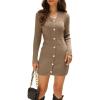 imagechouyatou Womens Fall Sexy Button Down Ribbed Knit Bodycon Sweater Dress Casual Pencil Short Mini DressKhaki