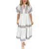 imagechouyatou Womens Summer Embroidered Floral Dress Casual Notch Neck Cotton Midi Long Mexican Tunic DressWhite