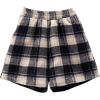 imagechouyatou Womens Winter Cute Elastic High Waisted Button Front Plaid Print Pleated Wool Wide Leg ShortsBlack