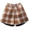 imagechouyatou Womens Winter Cute Elastic High Waisted Button Front Plaid Print Pleated Wool Wide Leg ShortsBrown