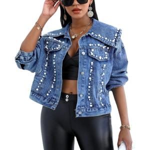 imagechoutyatou Womens Cute Big Lapel Collar Trendy Pearl Studded Short Denim JacketDark Blue