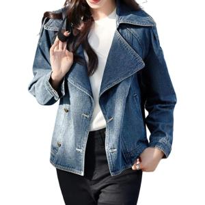 imagechouyatou Womens Casual Denim Blazer Notched Collar Jean Jacket Button Down Cropped Short Trench CoatDark Blue