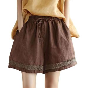 imagechouyatou Womens Casual Elastic Waist Wide Leg Shorts Hollow Out Eyelet Loose Comfy Cotton Linen Beach ShortsCoffee Brown