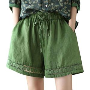 imagechouyatou Womens Casual Elastic Waist Wide Leg Shorts Hollow Out Eyelet Loose Comfy Cotton Linen Beach ShortsGreen