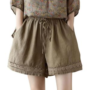 imagechouyatou Womens Casual Elastic Waist Wide Leg Shorts Hollow Out Eyelet Loose Comfy Cotton Linen Beach ShortsKhaki