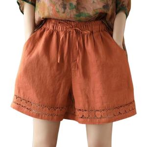 imagechouyatou Womens Casual Elastic Waist Wide Leg Shorts Hollow Out Eyelet Loose Comfy Cotton Linen Beach ShortsOrange