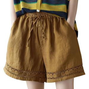 imagechouyatou Womens Casual Elastic Waist Wide Leg Shorts Hollow Out Eyelet Loose Comfy Cotton Linen Beach ShortsTurmeric