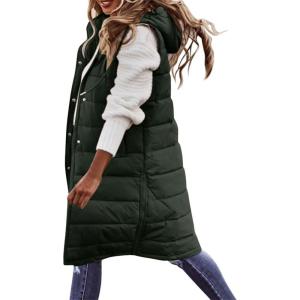 imagechouyatou Womens Long Sleeveless Quilted Puffer Vest Side Zipper Hooded Jacket CoatArmy Green