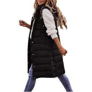 imagechouyatou Womens Long Sleeveless Quilted Puffer Vest Side Zipper Hooded Jacket CoatBlack