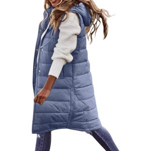 imagechouyatou Womens Long Sleeveless Quilted Puffer Vest Side Zipper Hooded Jacket CoatBlue