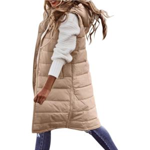 imagechouyatou Womens Long Sleeveless Quilted Puffer Vest Side Zipper Hooded Jacket CoatKhaki