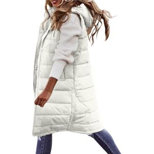 imagechouyatou Womens Long Sleeveless Quilted Puffer Vest Side Zipper Hooded Jacket CoatWhite