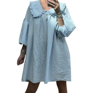 imagechouyatou Womens Puff Sleeve Babydoll Dress Cute Gingham Peter Pan Collar Shift Plaid Mini Short DressAzure