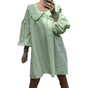 imagechouyatou Womens Puff Sleeve Babydoll Dress Cute Gingham Peter Pan Collar Shift Plaid Mini Short DressGreen
