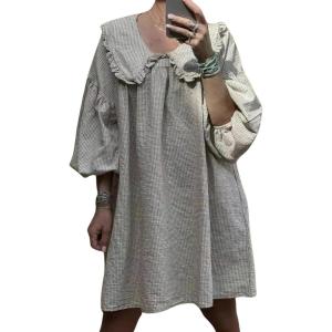 imagechouyatou Womens Puff Sleeve Babydoll Dress Cute Gingham Peter Pan Collar Shift Plaid Mini Short DressLight Grey