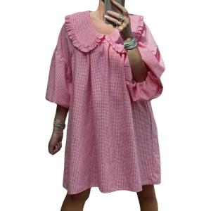 imagechouyatou Womens Puff Sleeve Babydoll Dress Cute Gingham Peter Pan Collar Shift Plaid Mini Short DressPink