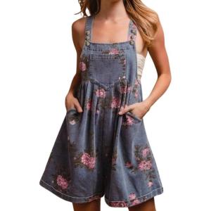 imagechouyatou Womens Summer Embroidered Floral Denim Short Overalls Workout Sleeveless Jean Romper with Pockets