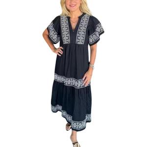 imagechouyatou Womens Summer Embroidered Floral Dress Casual Notch Neck Cotton Midi Long Mexican Tunic DressBlack