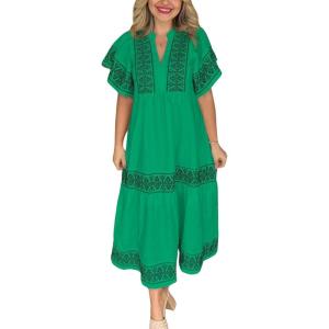 imagechouyatou Womens Summer Embroidered Floral Dress Casual Notch Neck Cotton Midi Long Mexican Tunic DressGreen