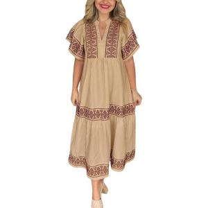 imagechouyatou Womens Summer Embroidered Floral Dress Casual Notch Neck Cotton Midi Long Mexican Tunic DressKhaki
