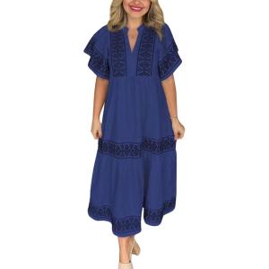 imagechouyatou Womens Summer Embroidered Floral Dress Casual Notch Neck Cotton Midi Long Mexican Tunic DressNavy Blue