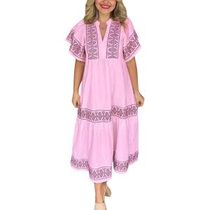 imagechouyatou Womens Summer Embroidered Floral Dress Casual Notch Neck Cotton Midi Long Mexican Tunic DressPink