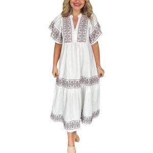imagechouyatou Womens Summer Embroidered Floral Dress Casual Notch Neck Cotton Midi Long Mexican Tunic DressWhite