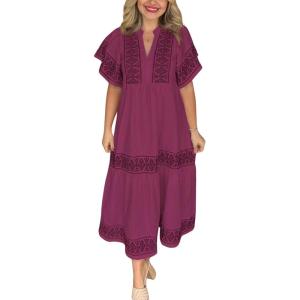 imagechouyatou Womens Summer Embroidered Floral Dress Casual Notch Neck Cotton Midi Long Mexican Tunic DressWine Red