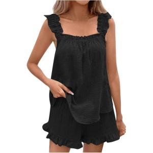 imagechouyatou Womens Summer Pajamas Set 2 Piece Ruffle Cami Top and Shorts Sleepwear Set Cotton Pj Lounge SetBlack