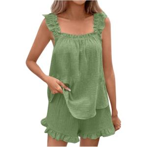 imagechouyatou Womens Summer Pajamas Set 2 Piece Ruffle Cami Top and Shorts Sleepwear Set Cotton Pj Lounge SetGreen