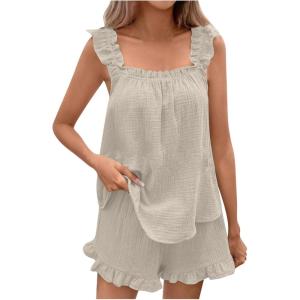 imagechouyatou Womens Summer Pajamas Set 2 Piece Ruffle Cami Top and Shorts Sleepwear Set Cotton Pj Lounge SetKhaki