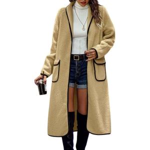 imagechouyatou Womens Winter Casual Sherpa Midi Long Coat Fuzzy Faux Fur Fleece Dressy Jacket Trench CoatKhaki