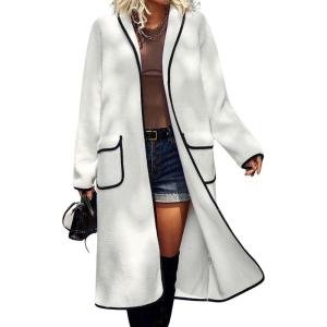 imagechouyatou Womens Winter Casual Sherpa Midi Long Coat Fuzzy Faux Fur Fleece Dressy Jacket Trench CoatWhite