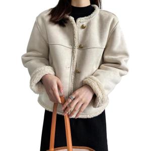 imagechouyatou Womens Winter Collarless Button Down Sherpa Fleece Lined Faux Suede Outerwear Jacket CoatBeige