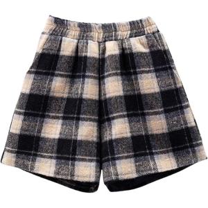 imagechouyatou Womens Winter Cute Elastic High Waisted Button Front Plaid Print Pleated Wool Wide Leg ShortsBlack