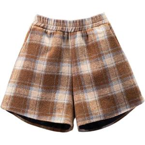 imagechouyatou Womens Winter Cute Elastic High Waisted Button Front Plaid Print Pleated Wool Wide Leg ShortsBrown
