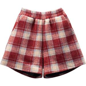 imagechouyatou Womens Winter Cute Elastic High Waisted Button Front Plaid Print Pleated Wool Wide Leg ShortsRed