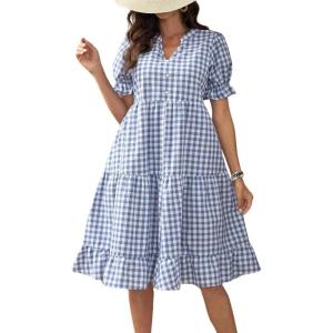 imagechouyatou Womens Y2k Plaid Babydoll Dress Puff Sleeve Ruffle Hem Short Dress Retro Gingham Swing Midi DressBlue