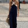 imagechouyatou Womens Criss Cross Halter Neck Dress Sleeveless Sexy Backless Boho Maxi Long Cotton Linen DressBlack