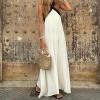 imagechouyatou Womens Criss Cross Halter Neck Dress Sleeveless Sexy Backless Boho Maxi Long Cotton Linen DressWhite