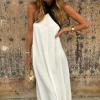 imagechouyatou Womens Criss Cross Halter Neck Dress Sleeveless Sexy Backless Boho Maxi Long Cotton Linen DressWhite