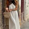 imagechouyatou Womens Criss Cross Halter Neck Dress Sleeveless Sexy Backless Boho Maxi Long Cotton Linen DressWhite